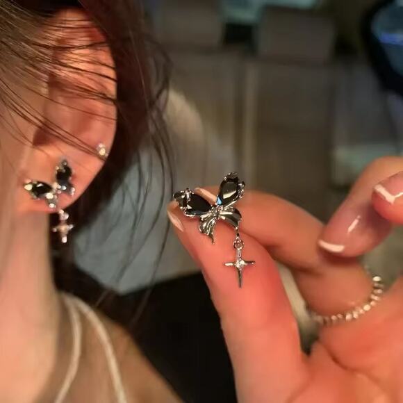 Gothic Black Butterfly Bow Dangling Cross Charm Earrings - Picture 4 of 5